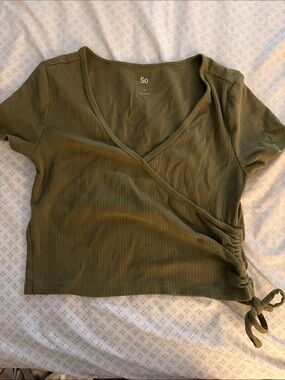 SO Olive Ribbed Wrap Crop Top with Side Tie